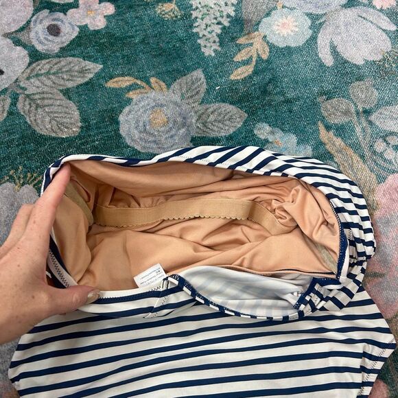 J. Crew One Piece Swimsuit Womens Sz 8 Blue White Striped One Shoulder Ruched - Picture 11 of 16